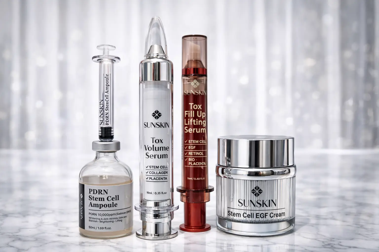 Sunskin Complete  Set Includes: PDRN Stem Cell Ampoule Stem Cell EGF Cream Tox Volume Serum Tox Fill Up Lifting Serum